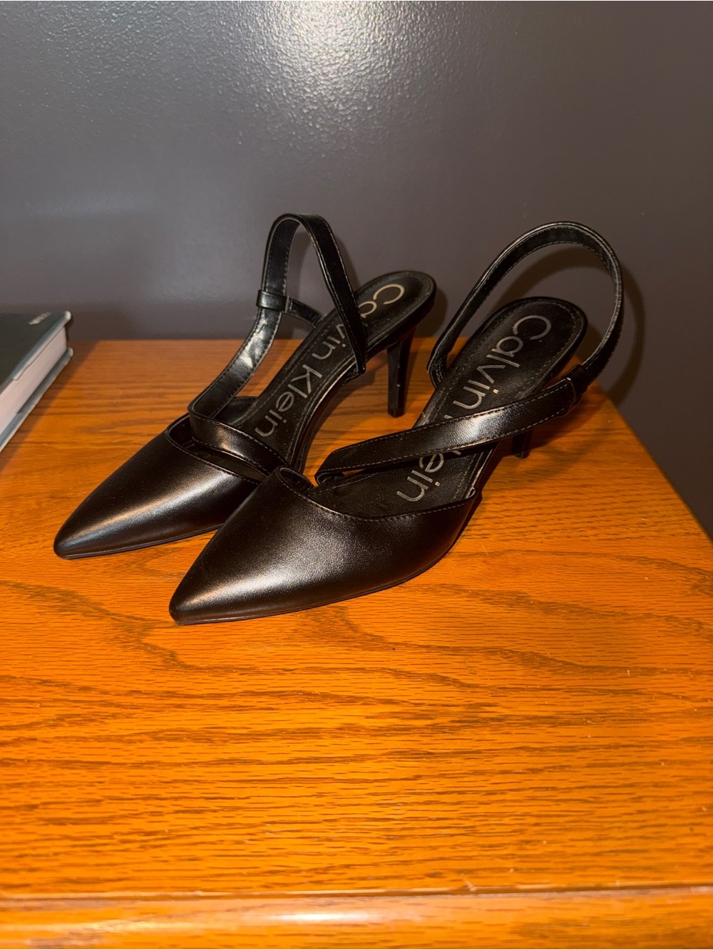 Calvin Klein Black Leather Pointed Slingback Heels